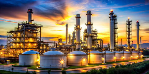 Oil and gas power plant refinery with storage tanks facility for oil production or petrochemical factory, oil