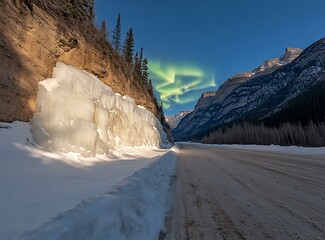 Poster - Frozen Waterfall and Northern Lights in the Canadian Mountains