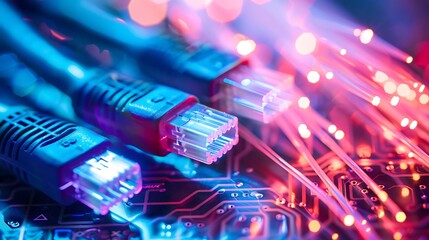 Poster - close-up of network cables and fiber optic cables, showcasing the physical connection of the interne