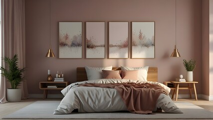 Wall Mural - Mockup frame in bedroom interior background, room with light pastel colors, 3D render.