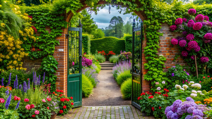 Entrance to a vibrant and welcoming garden , entrance, garden, pathway, gate, plants, foliage, pathway, greenery, entrance