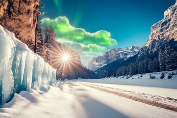 Sticker - Frozen Lake Landscape with Icicles and Aurora Borealis