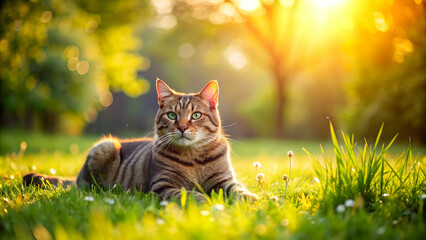 Cat lounging on a green meadow under the bright sun , Cat, meadow, grass, sunny, relaxation, peaceful, green, outdoor, nature, fur