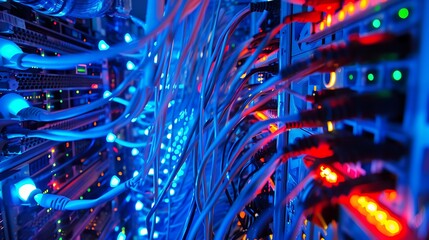 Poster - close-up shot of network cables connecting to servers in a data center.