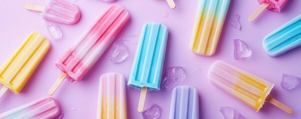 A vibrant assortment of colorful popsicles on a pastel background, featuring various flavors and shapes with ice cubes scattered around.