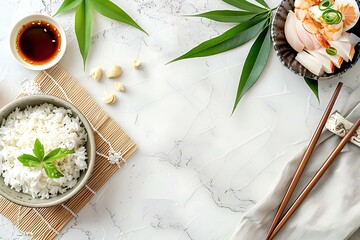 Poster - White Marble Background with Asian Food Elements