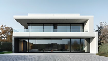 Sleek minimalist apartment exterior featuring large glass balconies and a simple, modern facade