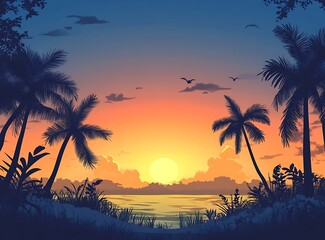 Tropical Sunset Silhouette Illustration with Palm Trees and Ocean