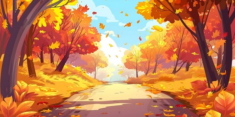 Wall Mural - Autumn Forest Path with Falling Leaves Illustration