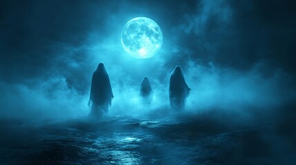 Poster - Ghosts floating through foggy Halloween landscape under the glowing full moon creating an eerie effect
