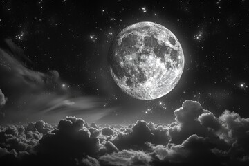 Wall Mural - black and white moon: astronomic landscape with super round moon in northern twilight