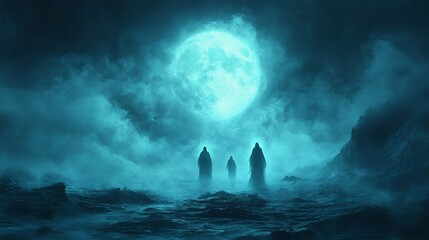 Poster - Ghosts floating through foggy Halloween landscape under the glowing full moon creating an eerie effect