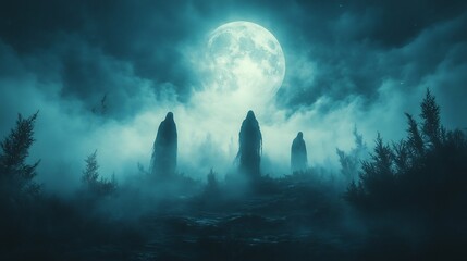 Poster - Ghosts floating through foggy Halloween landscape under the glowing full moon creating an eerie effect