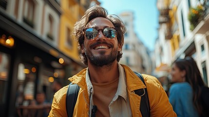 Canvas Print - young man in wheelchair spending free time outdoor with friends taking selfie having fun in city male friendship