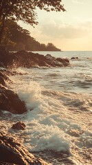 Wall Mural - Waves Crashing On Rocky Shore