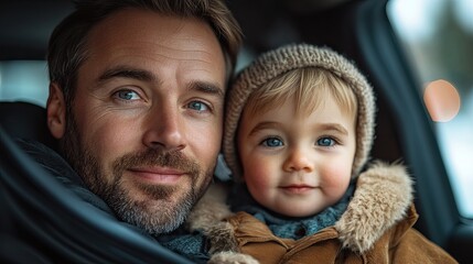 Wall Mural - young man sitting in his new car with little son prepared for ride