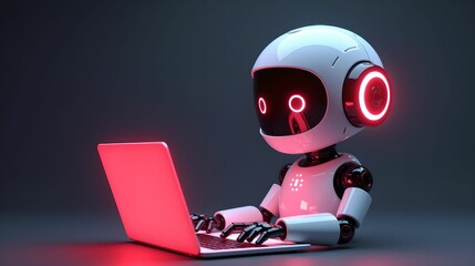 Artificial intelligence robot using laptop neon light futuristic technology 3d illustration banner