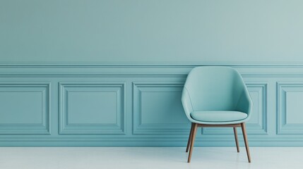 Wall Mural - Blue Upholstered Chair Against a Blue Wall with Wainscoting