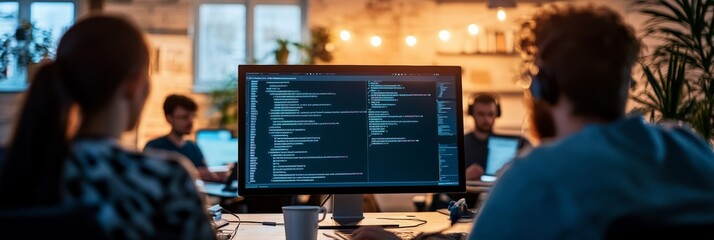 Poster - Software development team coding together in a modern office environment. Large monitors display programming tasks.