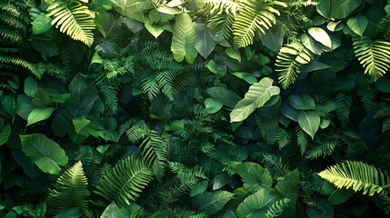 Wall Mural - Lush green foliage background with sunlight filtering through the leaves.