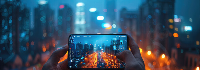 Poster - A hands holding a smartphone, displaying a complex digital interface, sleek and advanced, cityscape at night in the background.