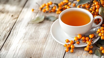 Fresh sea buckthorn berries and a cup of sea buckthorn tea on a white wooden table.