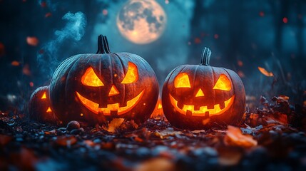 Poster - Glowing Halloween pumpkins under full moon with eerie lighting and dark shadows