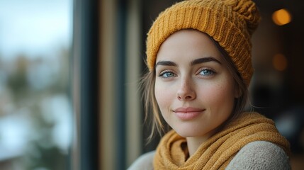 Poster - young unhappy woman with cancer standing in front of window