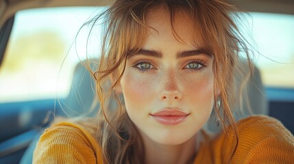Poster - young woman driver sitting in car looking out