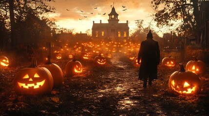 Fototapete - Glowing Halloween pumpkins under moonlight casting long shadows in a haunted setting