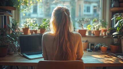 Poster - young woman having homeoffice in her apartment