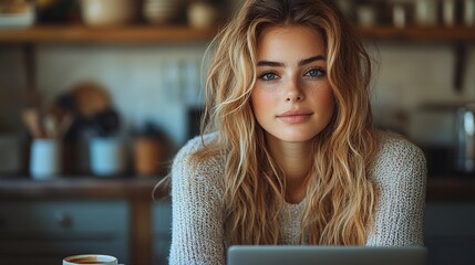 Poster - young woman sitting with laptop, cup of coffee in kitchen