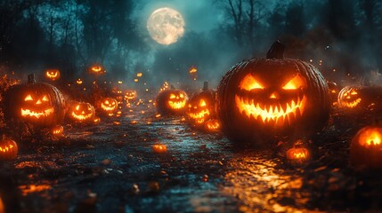 Fototapete - Glowing Halloween pumpkins under full moon casting eerie shadows on a haunted path