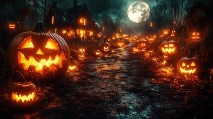 Poster - Glowing Halloween pumpkins under full moon casting eerie shadows on a haunted path
