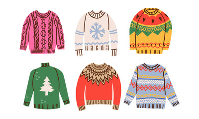 Set of traditional ugly or cute Christmas sweaters. Funny holiday clothes with different cute prints and ornaments for autumn and winter design.