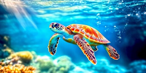 Canvas Print - A vibrant sea turtle gracefully glides through the clear blue waters. The underwater scene includes colorful corals and rays of sunlight. Perfect for nature lovers and ocean enthusiasts. AI