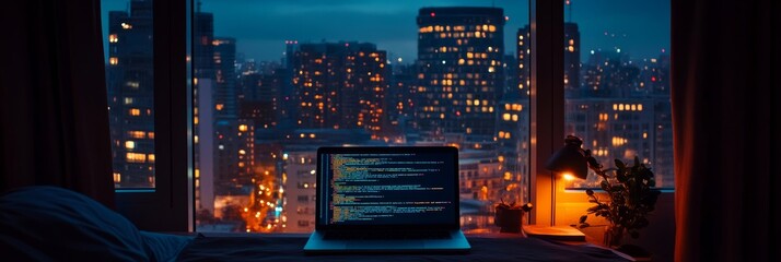 Poster - Laptop with code on screen by a window, overlooking a city at night. Symbolizes digital work and programming.