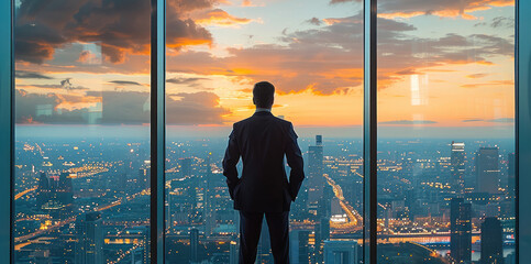 Aufkleber - A senior executive in a formal suit, standing at a large office window, overlooking the cityscape, with a thoughtful expression, symbolizing leadership and strategic vision.