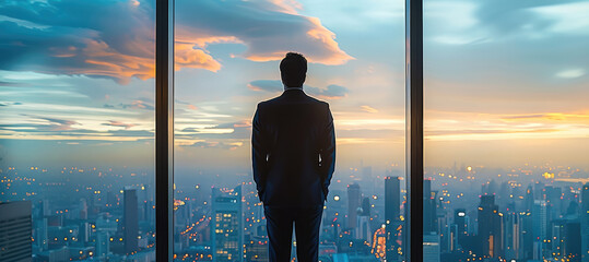 Aufkleber - A senior executive in a formal suit, standing at a large office window, overlooking the cityscape, with a thoughtful expression, symbolizing leadership and strategic vision.