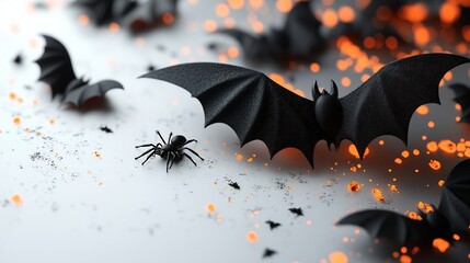 Poster - Halloweenthemed decorations spiders crawling on black bats all on a spooky white background