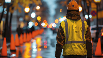 Wall Mural - A man in a reflective vest walks down a street with orange cones.