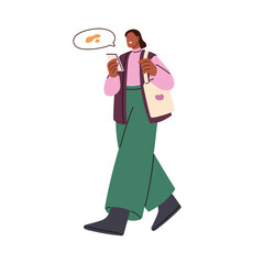 Poster - Happy woman walking, holding mobile smart phone, smartphone in hand. Online communication on the go. Girl talking with cellphone while strolling. Flat vector illustration isolated on white background