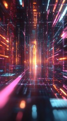 Aufkleber - Bright abstract digital lines and code flow in a futuristic corridor. Ideal for virtual technology and coding.