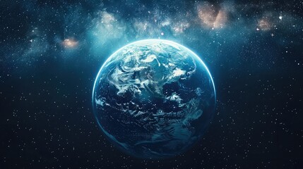 Poster - A crystal-clear Earth floating in space, with the colorful auroras of a distant planet in the background, highlighting interstellar exploration and unity.