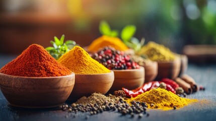 Wall Mural - Variety of spices on kitchen table