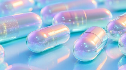 Close-up of iridescent capsules shimmering on a pastel blue surface, softly glowing in ambient light, evoking futuristic pharmaceutical design