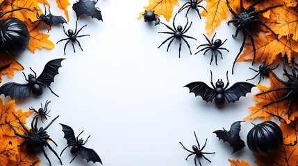 Poster - Halloween concept spiders and black bats on a white background