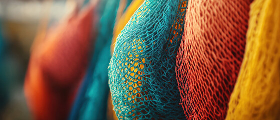 Colorful fishing nets hang together, showcasing a vibrant blend of colors, perfect for marine and coastal-themed projects.