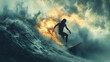© Earny - Surfer riding a massive wave under dramatic skies, showcasing action and adventure in water sports.