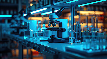 Leinwandbilder - Close-up of high-tech laboratory equipment with digital displays, test tubes, and microscopes in an industrial setting, illuminated by blue neon lights.